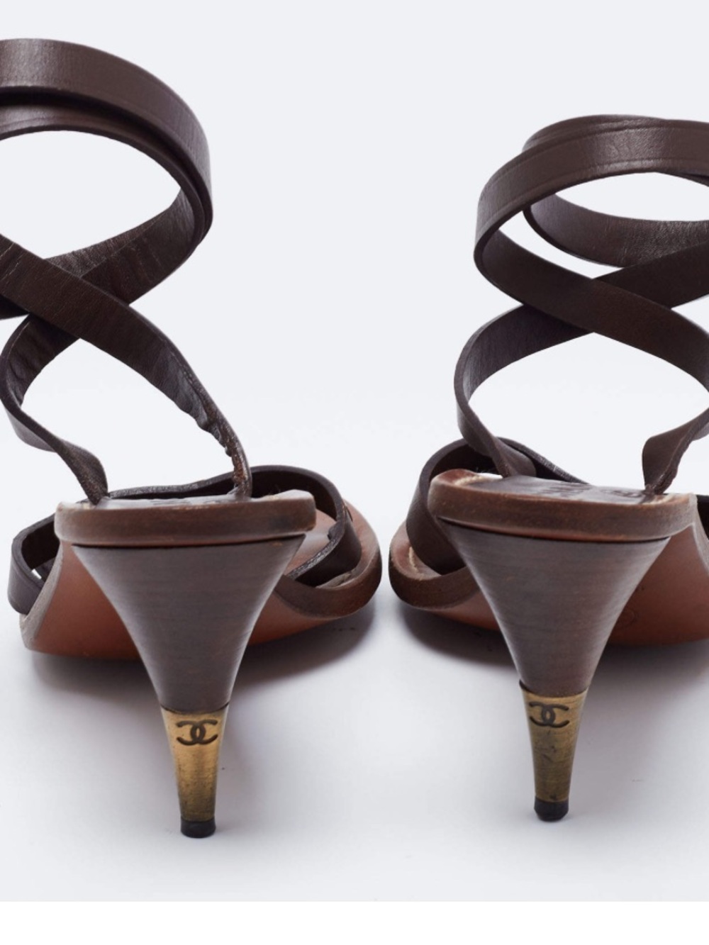 CHANEL Brown Leather Strappy Kitten Heels with Gold Logo Accent